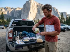 Meal Prep for Multi Day Climbing Trips That Work Climber doing meal prep for multi day climbing trips on a truck tailgate