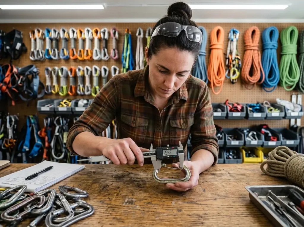 Measuring carabiner groove depth with calipers