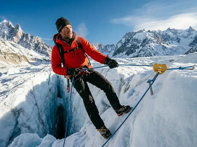 mechanical-advantage-hauling-systems-3-to-1-hero Alpine climber hauling on a glacier using a 3:1 mechanical advantage system with a Petzl pulley.