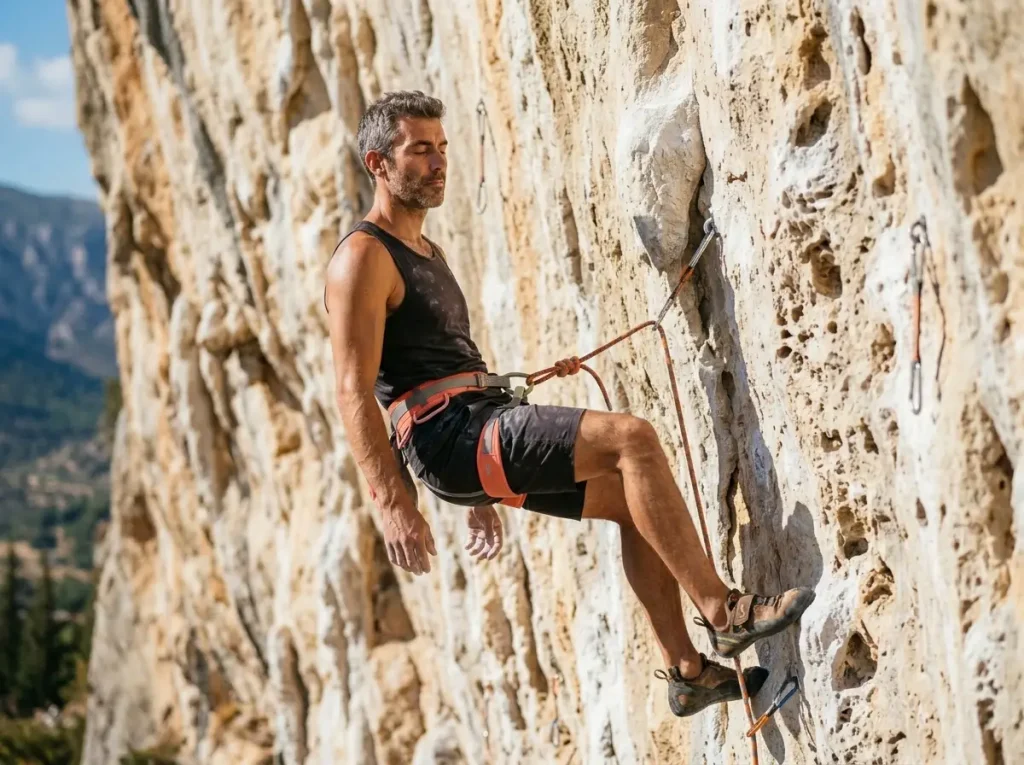 Sport climber at rest stance on limestone route using breathing protocol to manage fall fear before crux