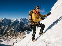 How to Climb Mera Peak: The Field-Tested Safety Plan Climber using jumar on fixed rope during Mera Peak ascent in morning