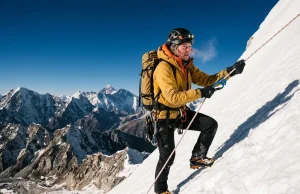 How to Climb Mera Peak: The Field-Tested Safety Plan Climber using jumar on fixed rope during Mera Peak ascent in morning
