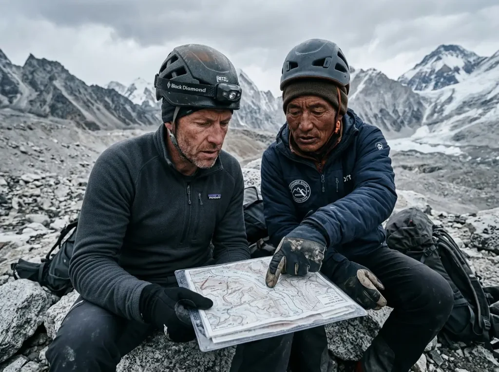 Climber and guide discussing Mera Peak route strategy on rocky moraine