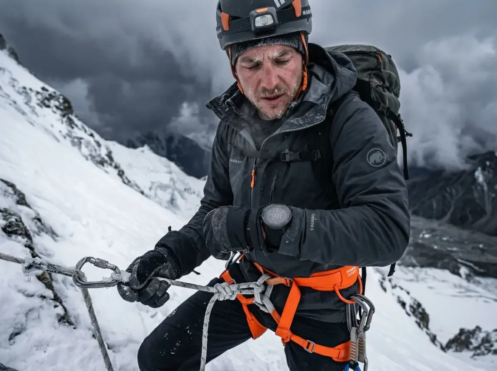Climber checking watch to respect strict turnaround time on mountain