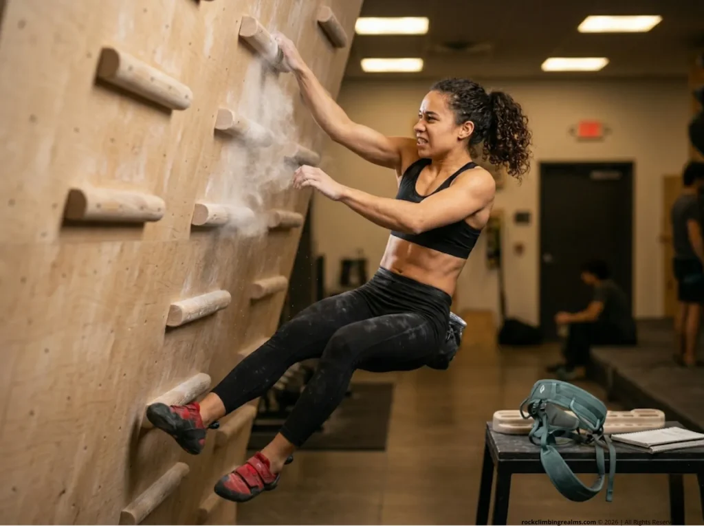 Young female climber training on a campus board with Scarpa shoes and Metolius board, representing modern climbing performance