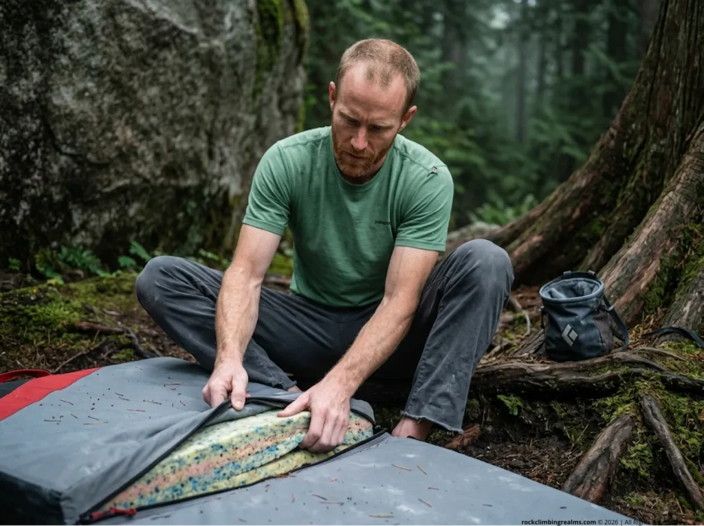 Climber inspecting the molecular architecture of crash pad foam inside a Black Diamond pad