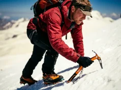Mount Elbrus Climbing Guide — Easiest 7 Summit Reality Mountaineer performing a rest step with an ice axe on a steep snow slope on Mount Elbrus