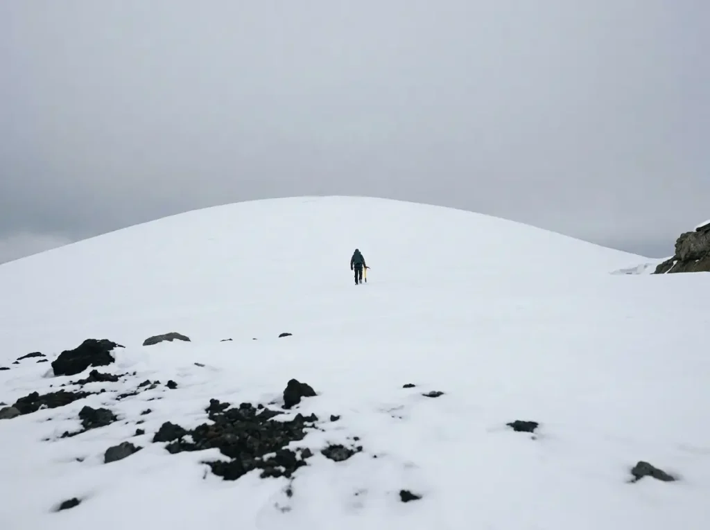 Lone climber small against Mount Elbrus's vast snow dome showing the scale behind an easy reputation