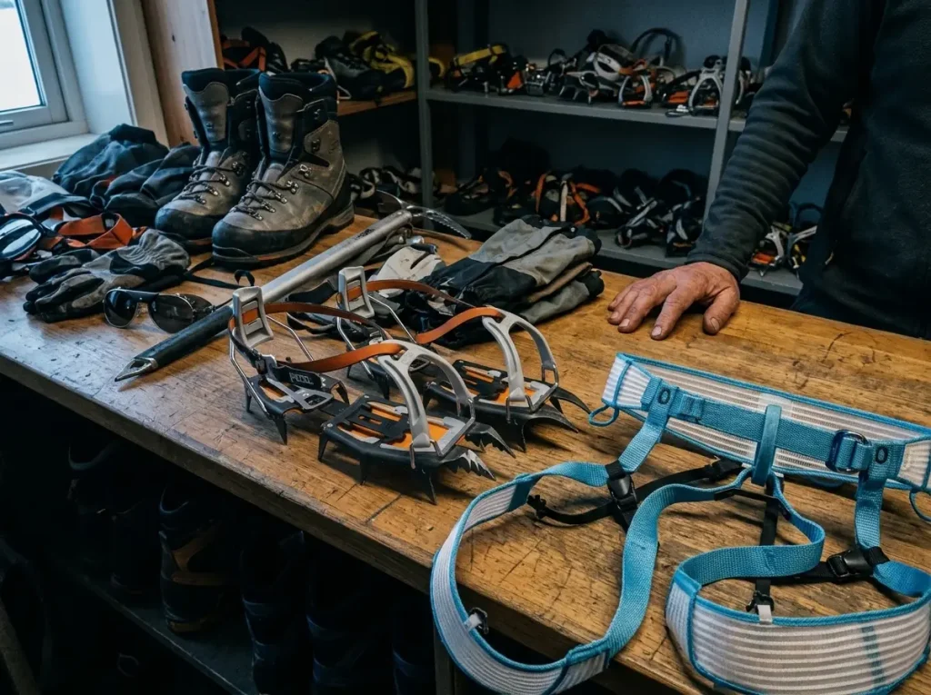 Mountaineering rental kit laid out in a Terskol shop showing the Elbrus buy-versus-rent decision