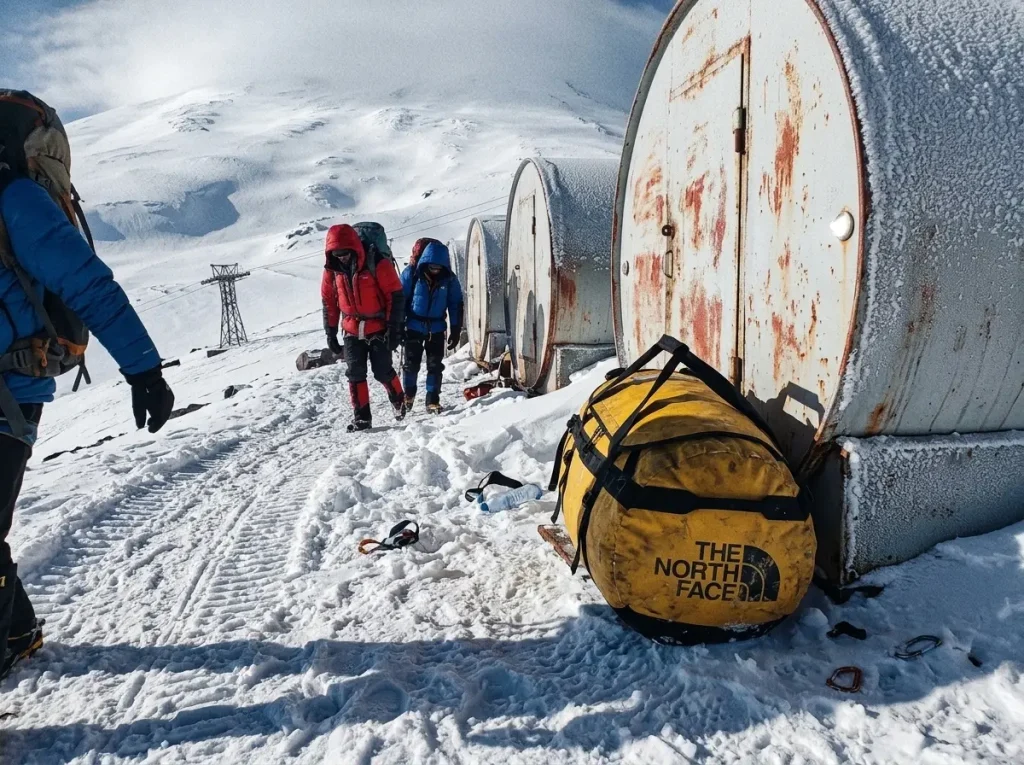 The barrel huts at Garabashi on Elbrus's South Route with expedition duffels and snowcat tracks
