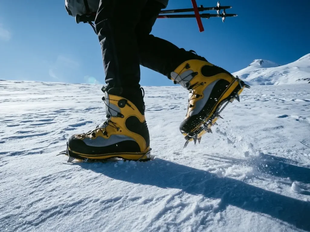 Crampons and double boots biting Elbrus snow beside trekking poles comparing it to a Kilimanjaro trek