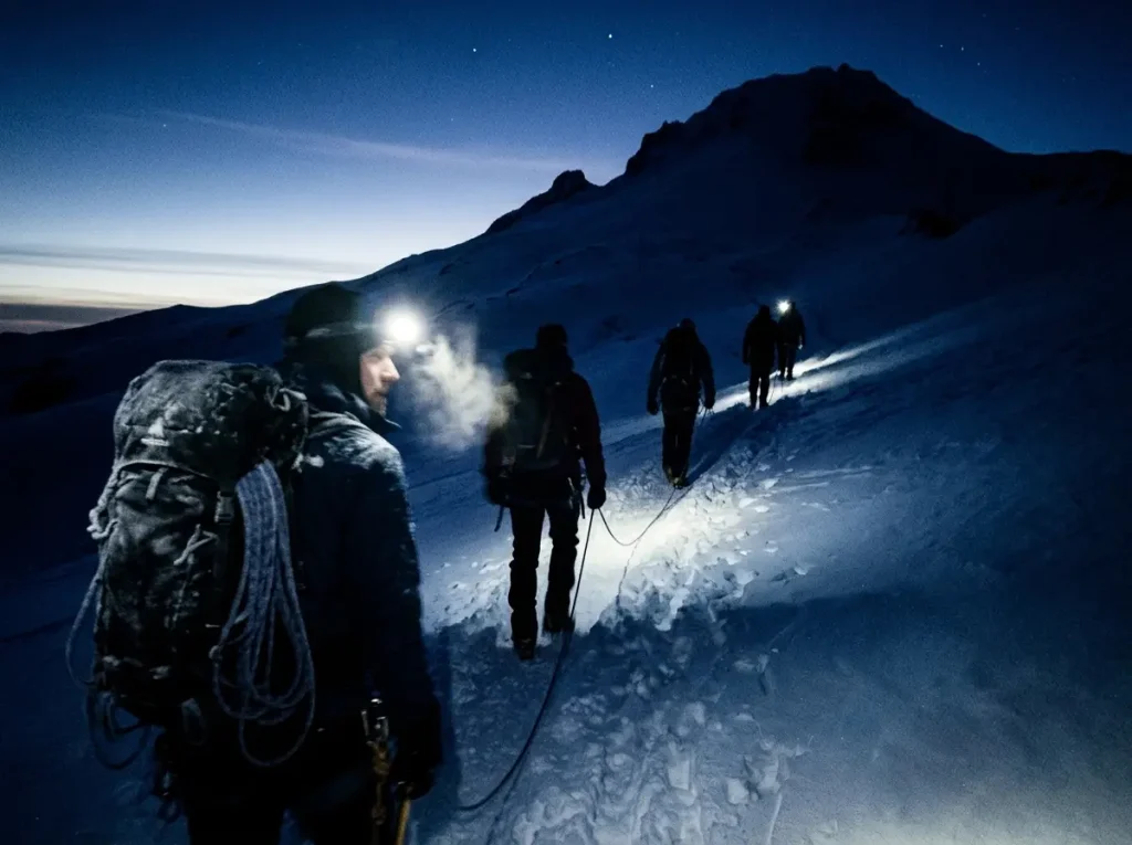 Pre-dawn alpine start on Mount Hood, a line of climbers' headlamps switchbacking up the snow before sunrise