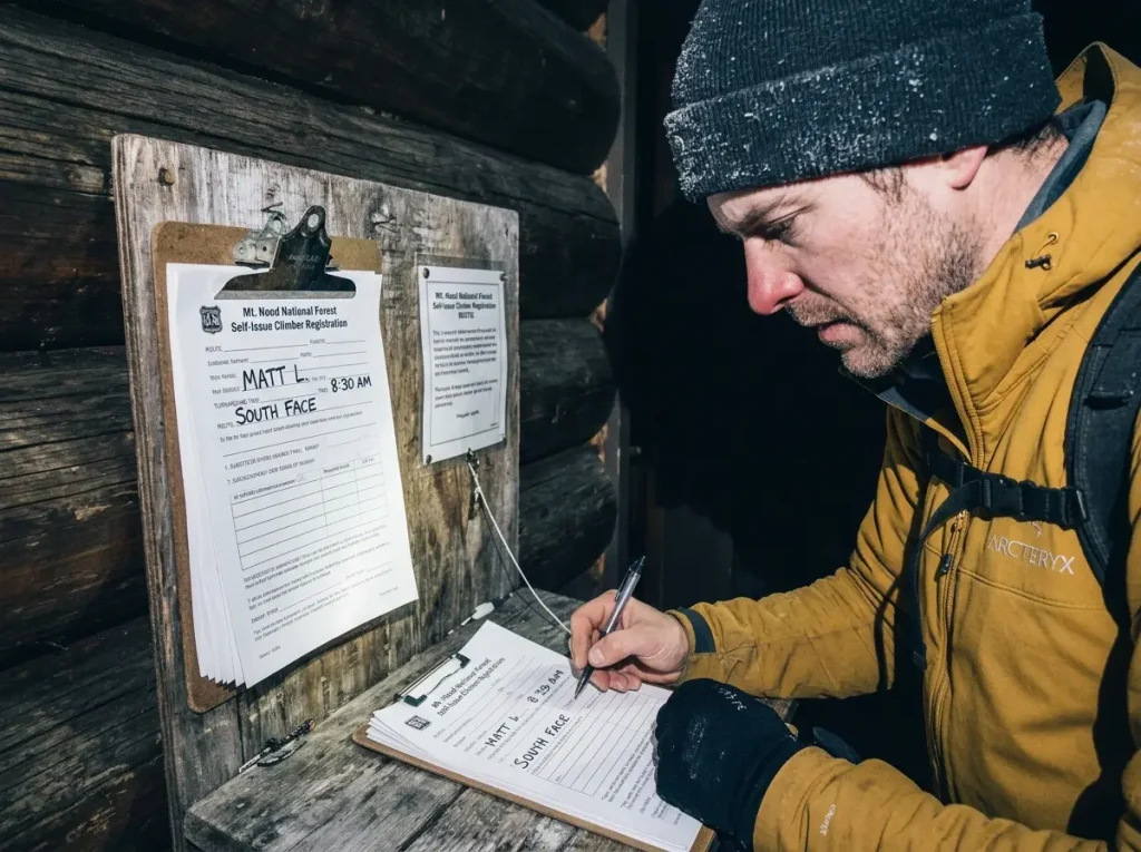 Climber filling out the self-issue climber registration form at the Wy'East Day Lodge before a Mount Hood climb