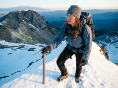 The Mount Hood Walk-Up Myth That Gets People Hurt Climber on Mount Hood's Hogsback at dawn with an ice axe, the South Side climbing route rising above