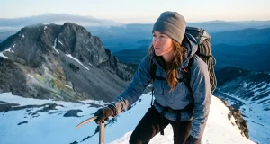 The Mount Hood Walk-Up Myth That Gets People Hurt Climber on Mount Hood's Hogsback at dawn with an ice axe, the South Side climbing route rising above