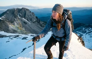 The Mount Hood Walk-Up Myth That Gets People Hurt Climber on Mount Hood's Hogsback at dawn with an ice axe, the South Side climbing route rising above