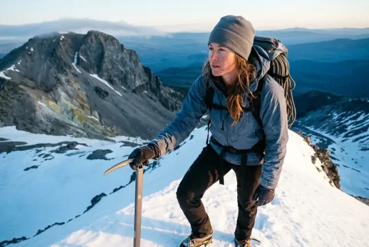 The Mount Hood Walk-Up Myth That Gets People Hurt Climber on Mount Hood's Hogsback at dawn with an ice axe, the South Side climbing route rising above