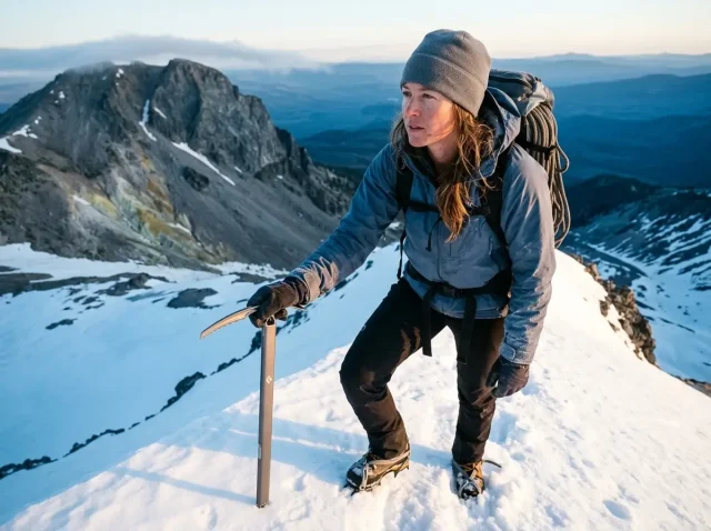 mount-hood-climbing-guide-hogsback-dawn Climber on Mount Hood's Hogsback at dawn with an ice axe, the South Side climbing route rising above