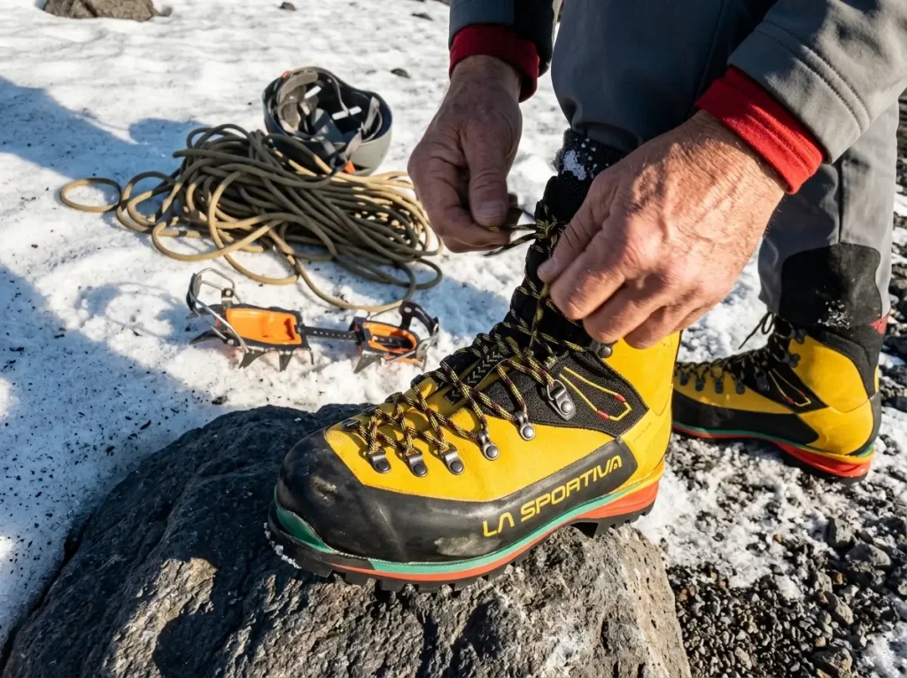 Climber lacing La Sportiva Nepal Evo mountaineering boots with crampons and rope laid out for a Mount Hood climb