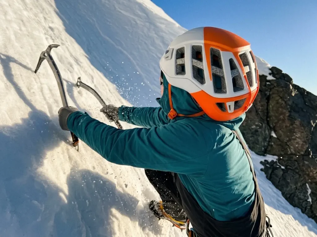 Climber front-pointing up the steep snow of the Old Chute on Mount Hood wearing a helmet, ice axe planted