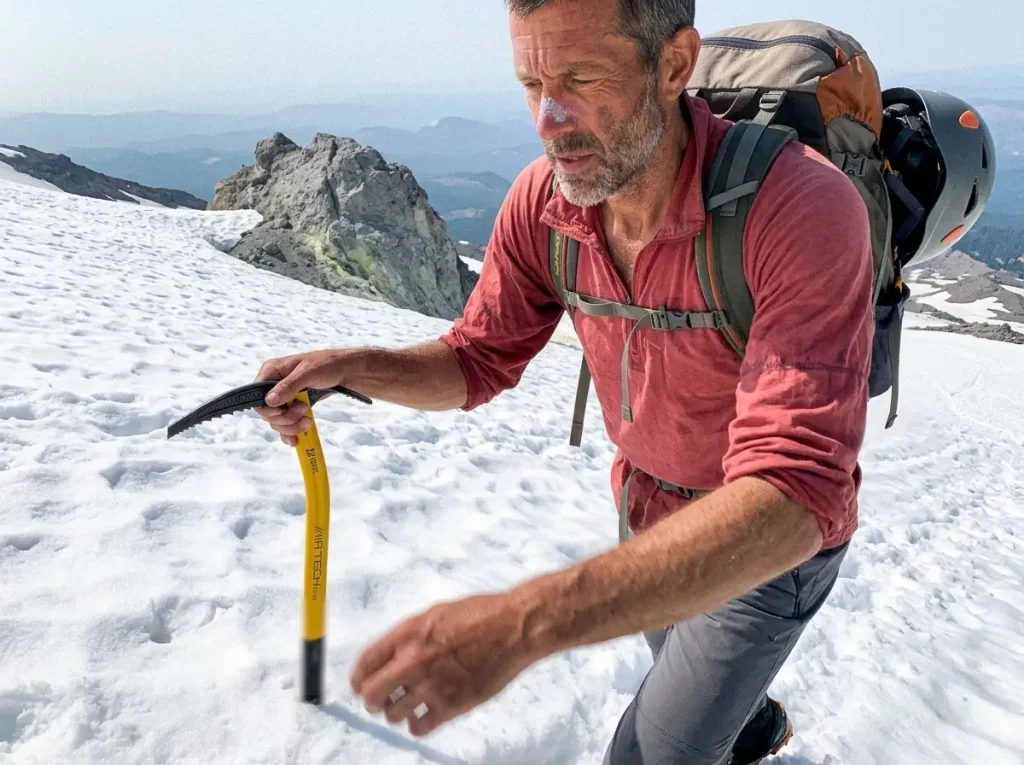 Mountaineer ascending the Palmer snowfield toward Crater Rock on the Mount Hood South Side climbing route