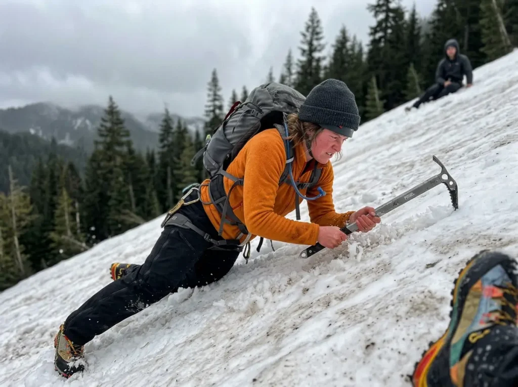 Climber practicing ice axe self-arrest on a snow slope while training for a Mount Hood climb, snow spraying