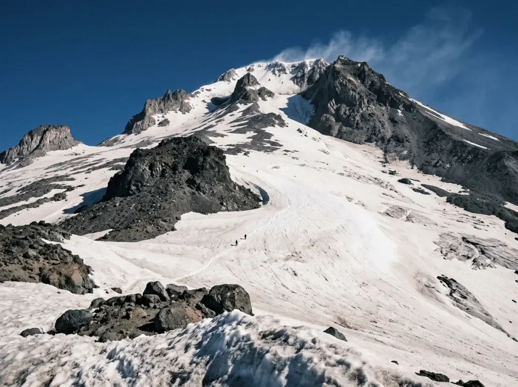 The South Side of Mount Hood from near Timberline, two tiny climbers showing the scale of the snow slope
