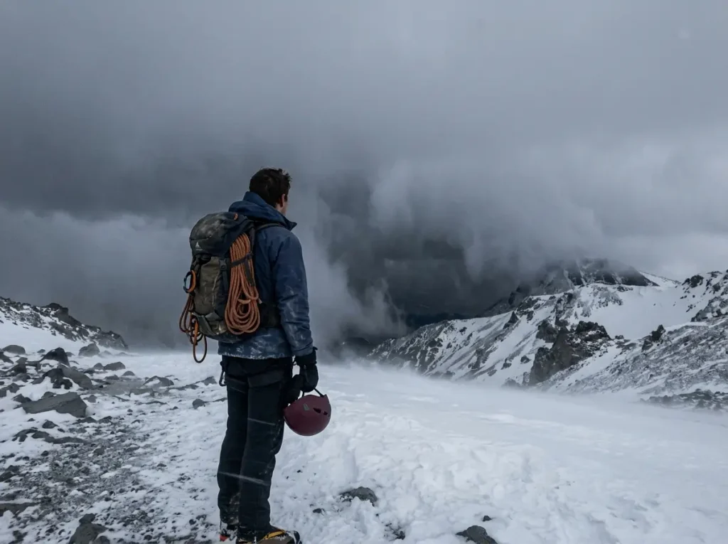 A lone climber pausing to watch dark weather build over the summit of Mount Hood, a sobering moment on the route