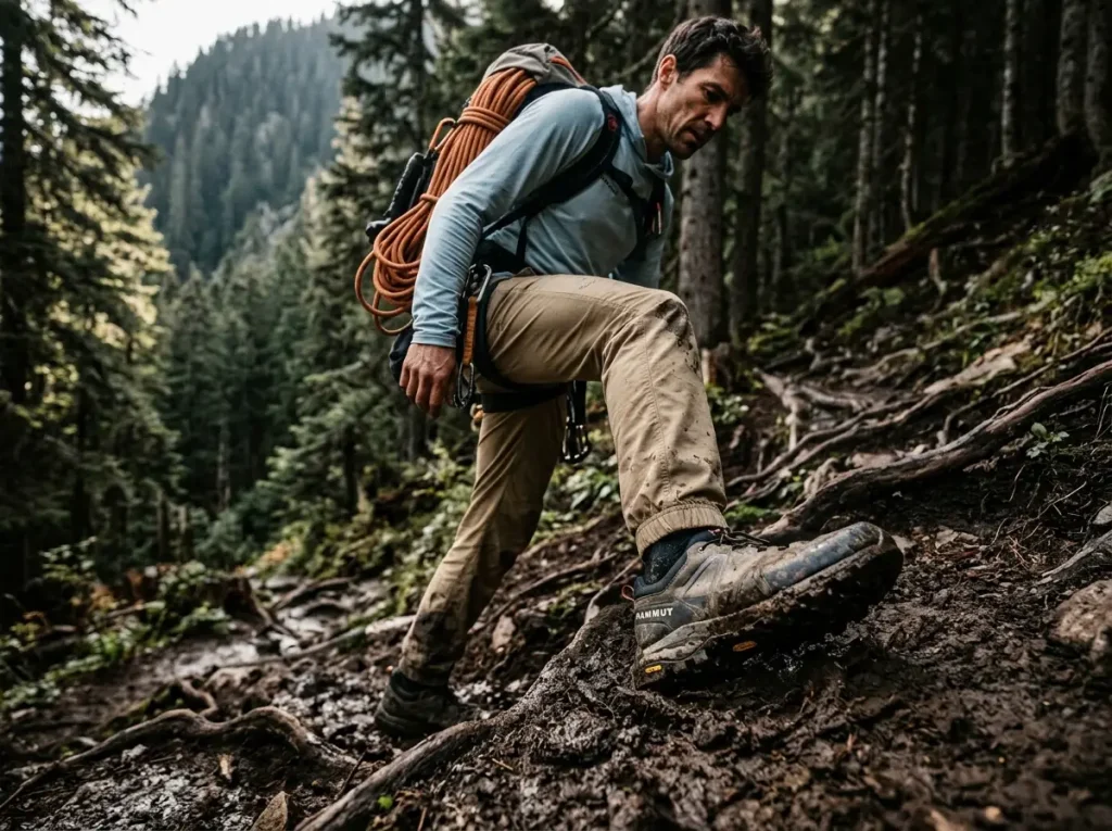 Mountaineer hiking a muddy approach trail checking for invasive species climbers spread unknowingly.