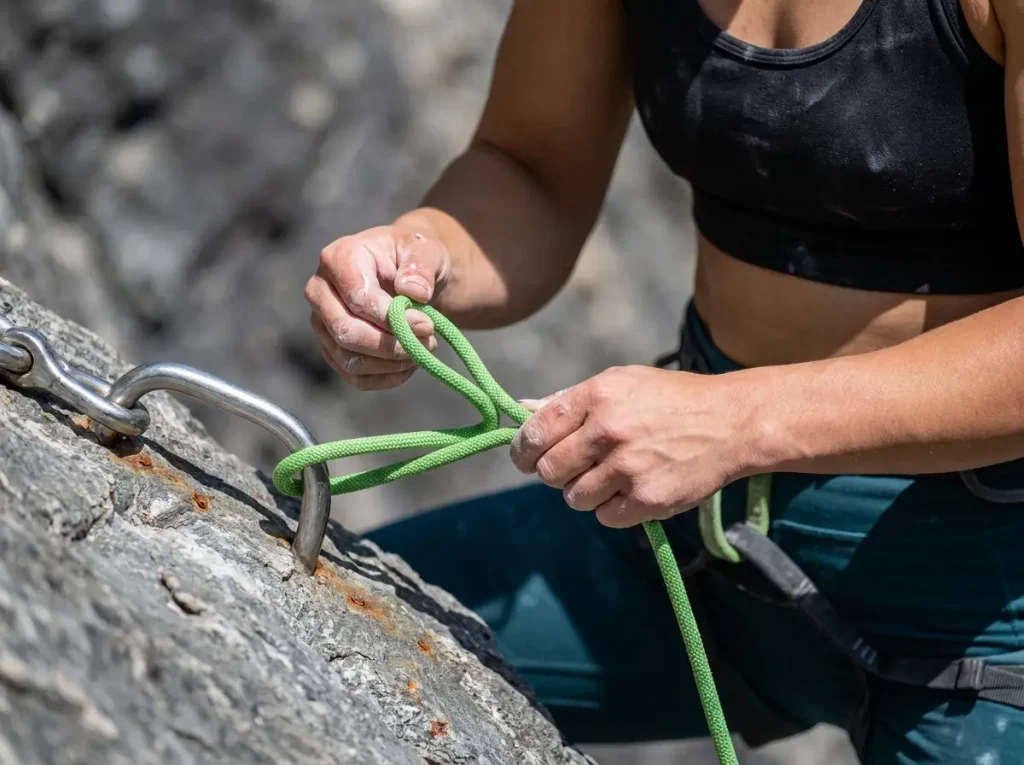 Close up of a climber properly threading a bright green rope through heavy duty steel mussy hooks at a sport anchor.