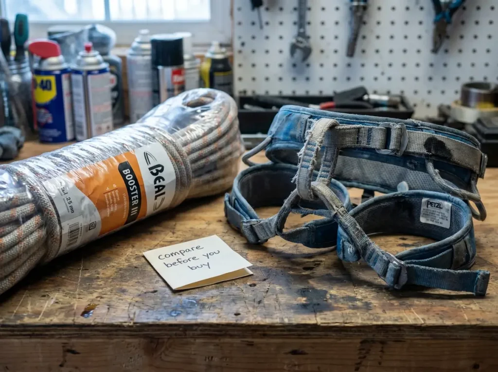 New climbing rope still in package beside visibly worn used harness showing contrast
