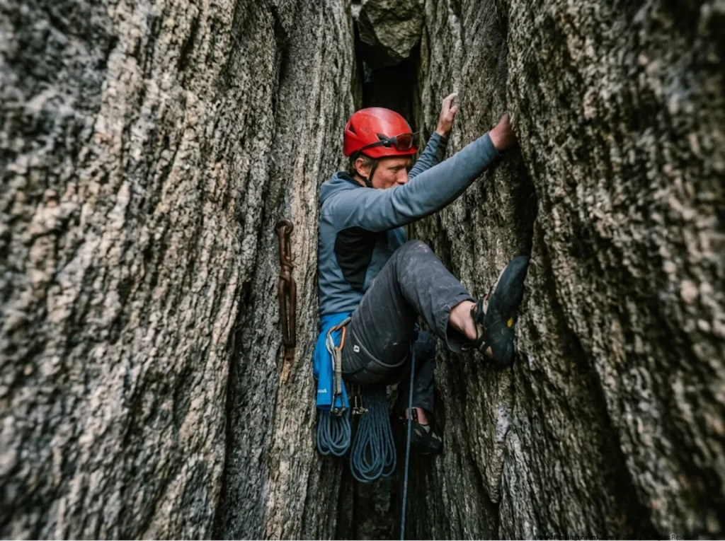 Climber stems a granite offwidth crack in softshell mid-layer, the four-way stretch fabric demonstrating active insulation designed for sustained technical movement