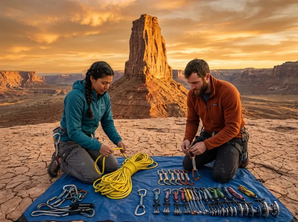 Climbing partners organizing an ultralight traditional gear rack on a tarp