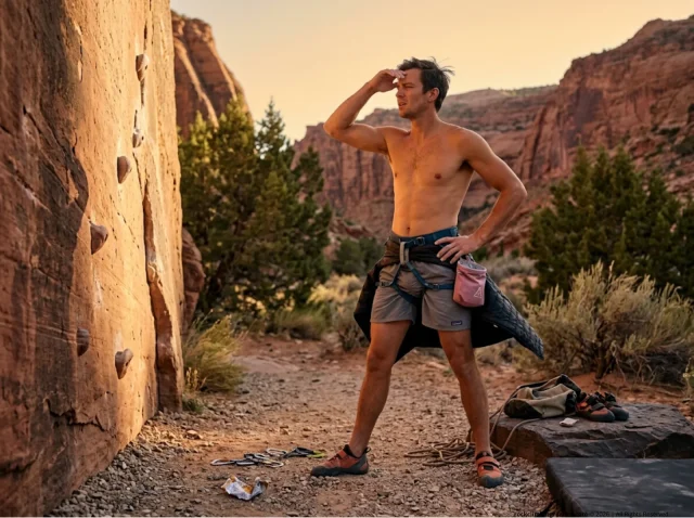 outdoor-bouldering-ethics-desert-sandstone-send Climber assessing a desert sandstone boulder problem before a first outdoor send, ethical crag preparation