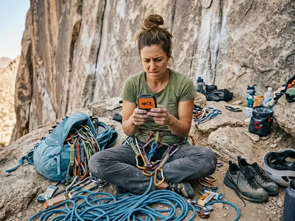 Frustrated climber checking a SPOT Gen4 device amidst disorganized gear.