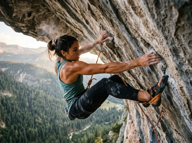 overhang-climbing-body-position Female climbing an overhang with precise body positioning