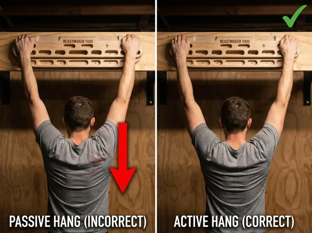Side-by-side comparison of passive hang shoulders raised versus active hang shoulders depressed on hangboard