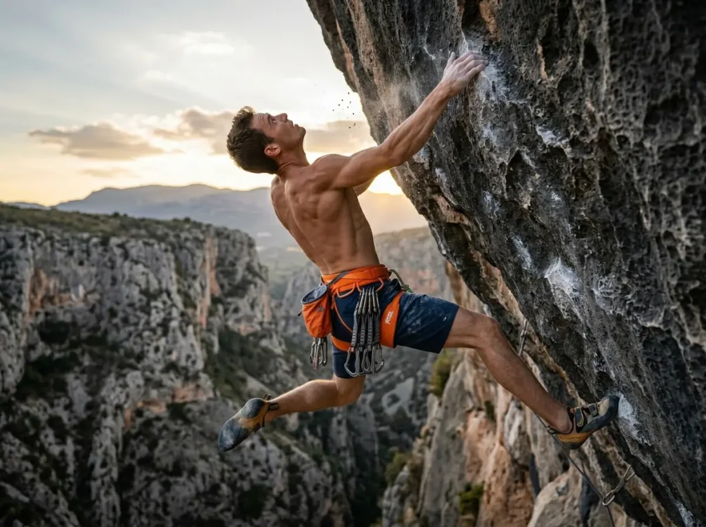 Climber leaning head back on an overhang to shift center of mass.