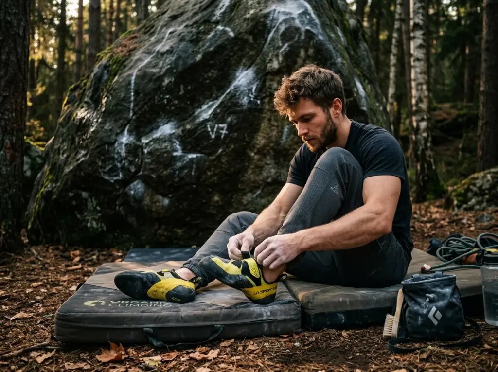 Climber carefully lacing up personal technical climbing shoes on a crash pad.