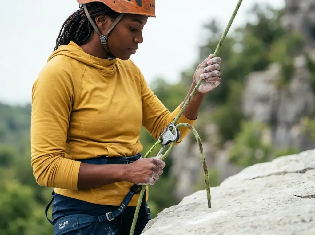 Climber belaying with a PFC-free Edelrid eco climbing rope