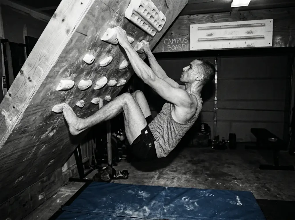 Climber performing dynamic board training drill