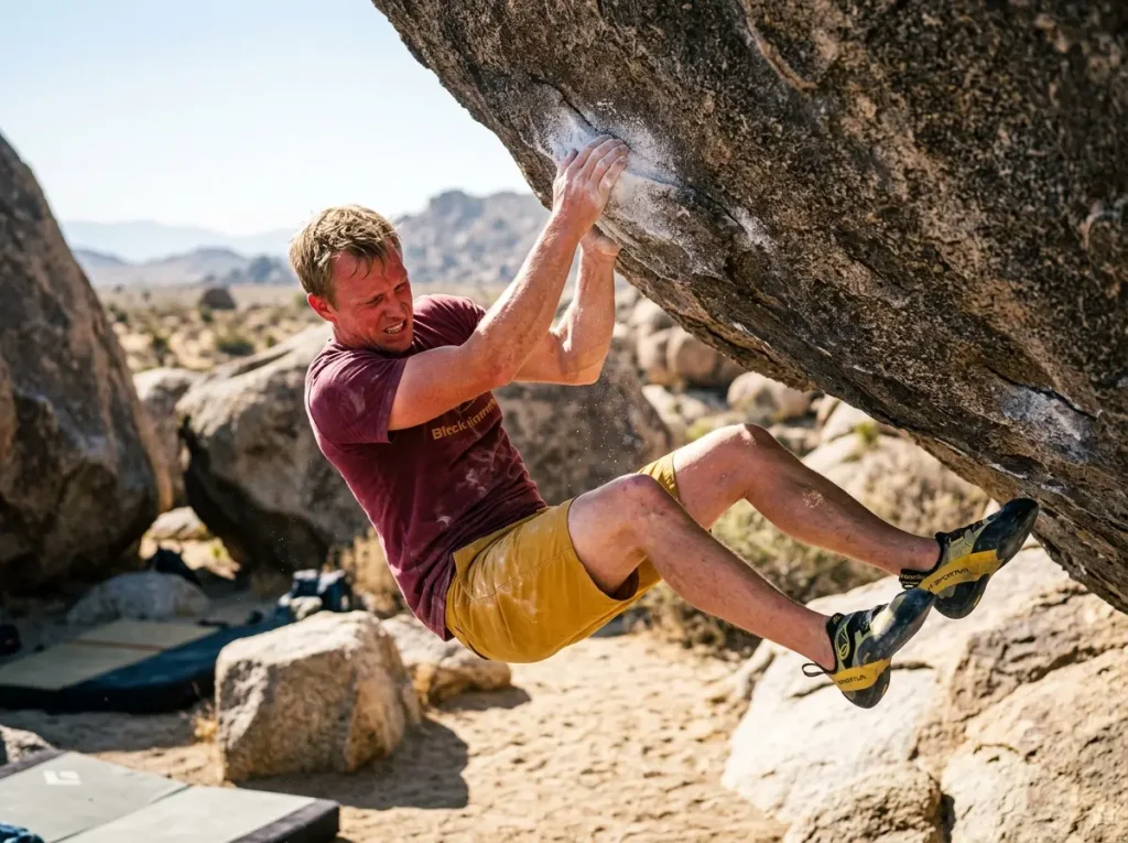 Male rock climber swinging horizontally after feet cut