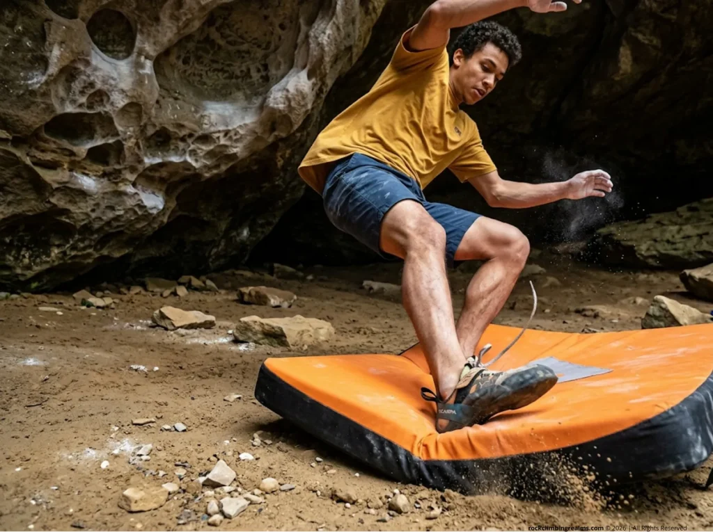 Fast shutter photo of a climber landing feet-first on a bouldering pad demonstrating heel strike forces