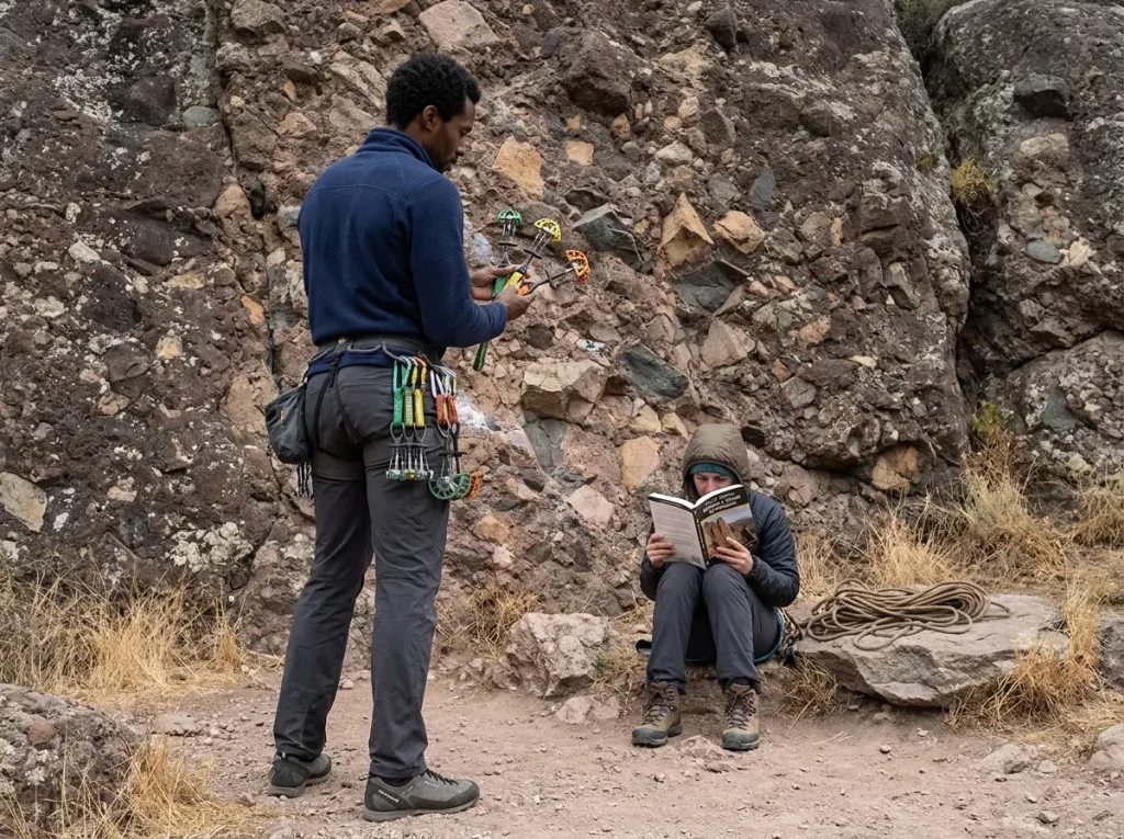 Climber on Discovery Wall at Pinnacles racking Metolius cams before a trad lead