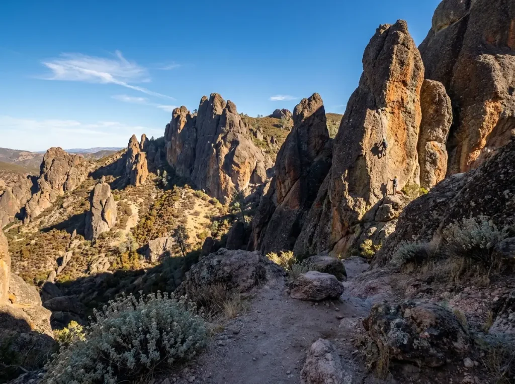 Panoramic view of Pinnacles National Park's High Peaks spires from the east side trail
