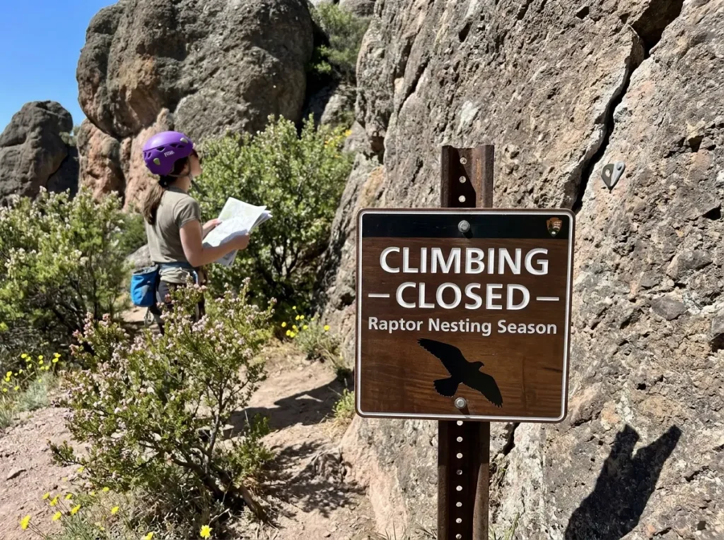 Closure sign for raptor nesting at Pinnacles National Park near a climbing formation