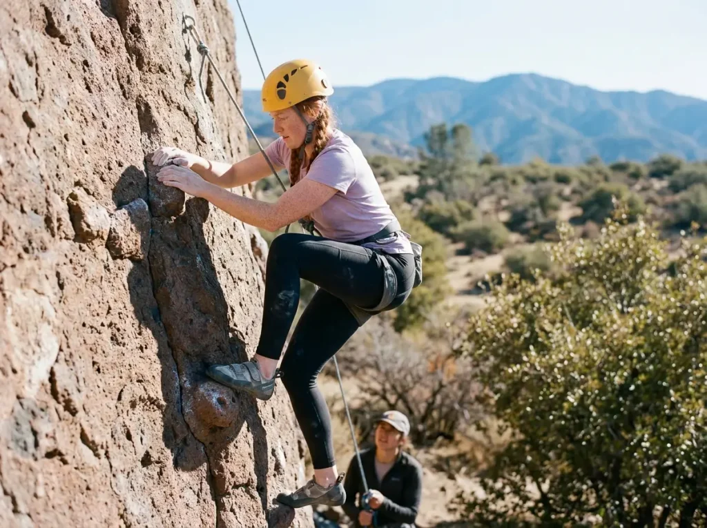 Beginner climber top-roping at Pinnacles National Park's Tourist Trap formation