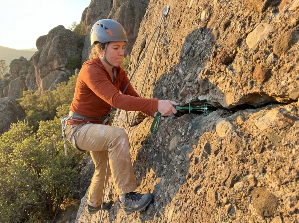 Climber placing a Black Diamond cam into a volcanic breccia crack at Pinnacles National Park