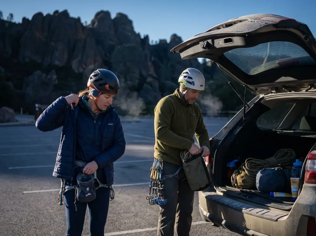 Climbers layering up for a cold winter morning climbing session at Pinnacles National Park