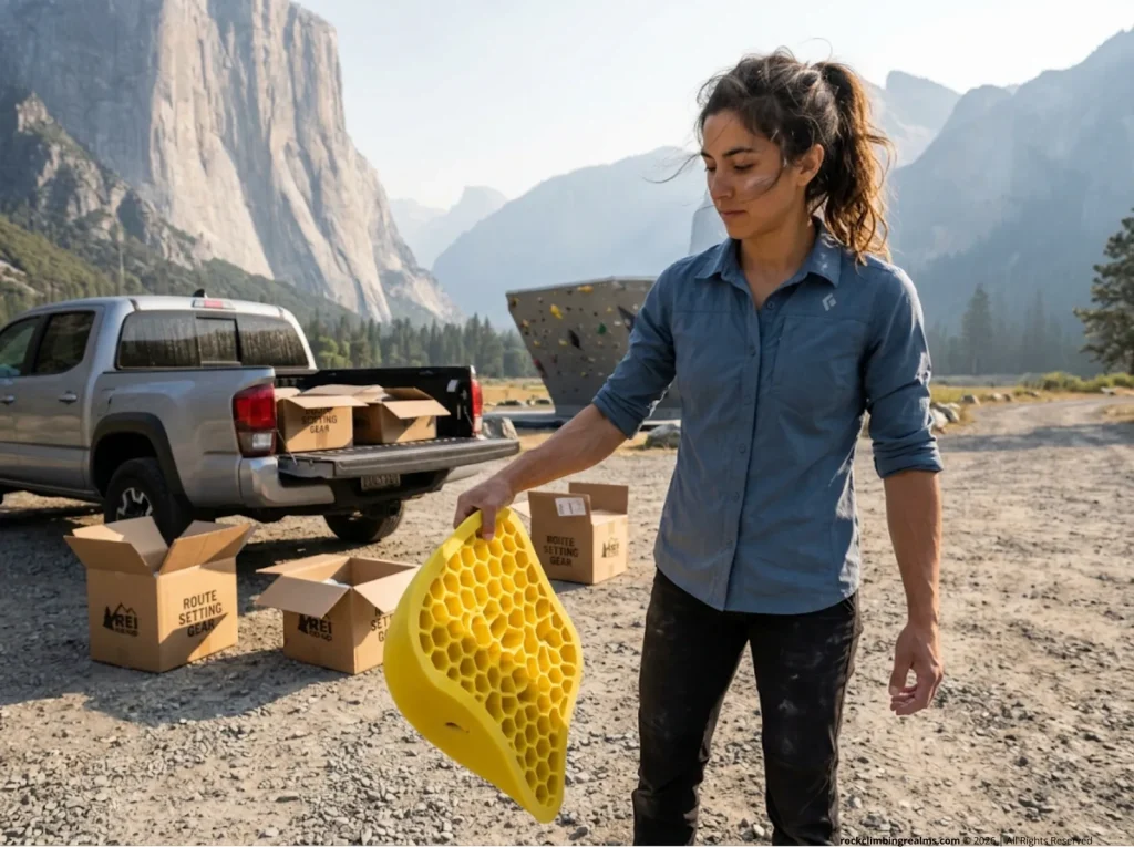 Female route setter holding a lightweight Agripp hollow-backed polyurethane climbing hold outdoors.